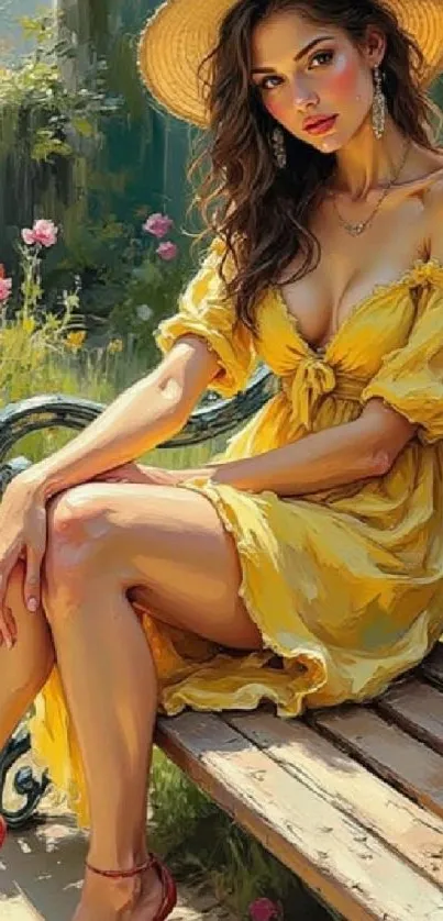 Woman in a yellow dress sitting on a garden bench.