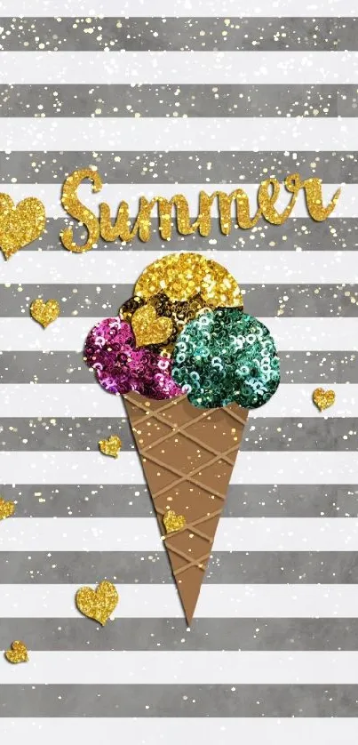 Glittery ice cream cone on a striped background with the word 'Summer' and hearts.