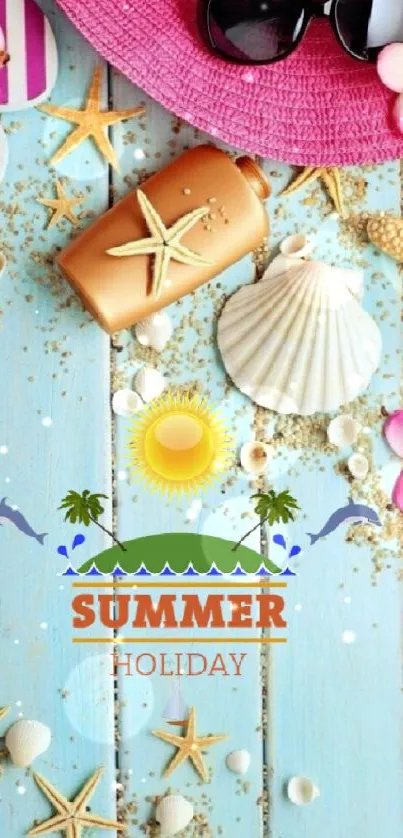 Summer-themed wallpaper with beach items on turquoise wood.