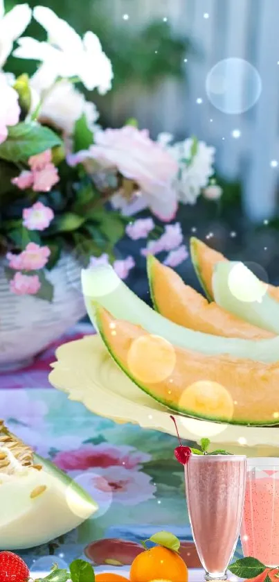 Vibrant summer wallpaper with melon slices and floral decor.