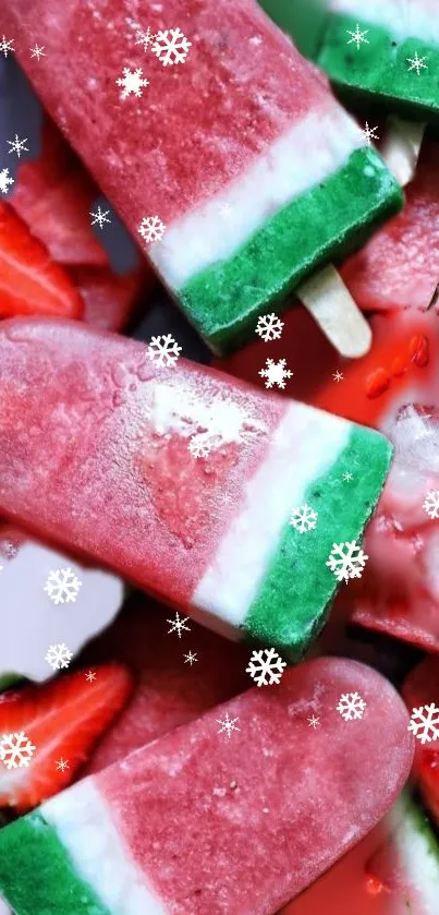 Colorful popsicles with snowflakes on a vibrant mobile wallpaper.