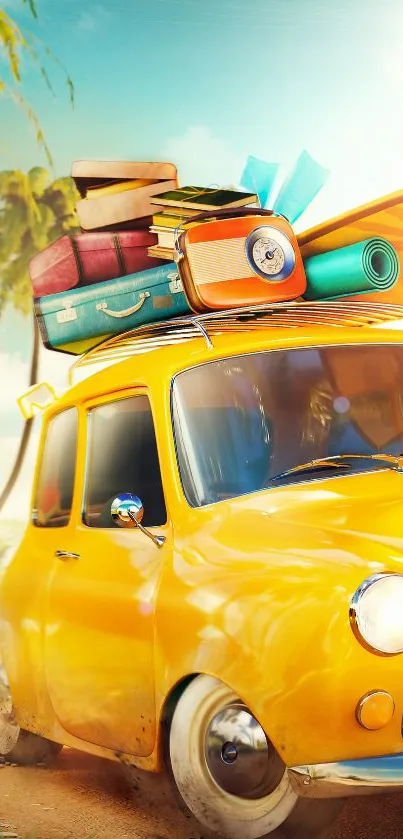 Yellow car with luggage on a sunny beach road.