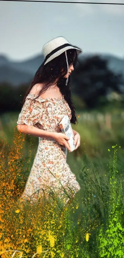 Girl in summer dress walking through colorful, artistic field landscape.
