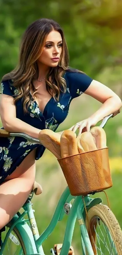 Woman on bicycle with baguettes in green landscape.