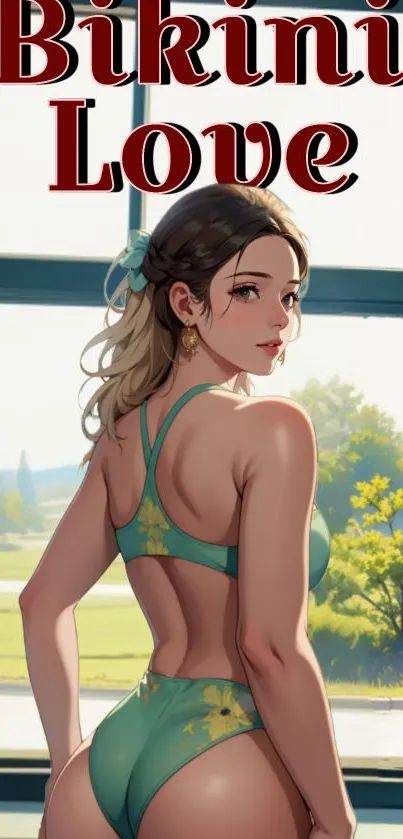 Anime woman in bikini with scenic background, summer vibes.