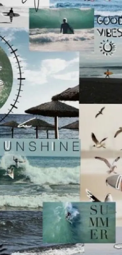 Beach-themed summer vibes collage wallpaper with surfing and ocean scenes.