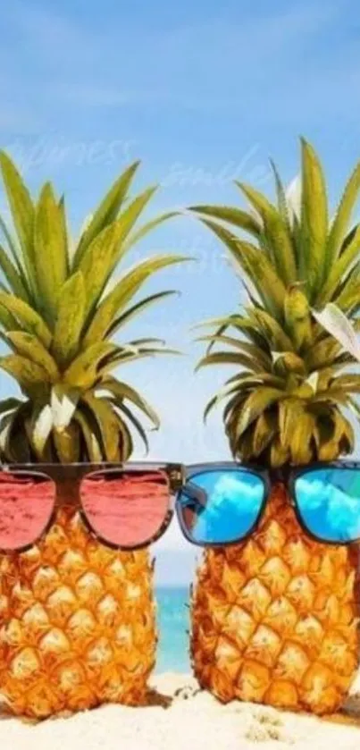 Pineapples with sunglasses on a sunny beach.