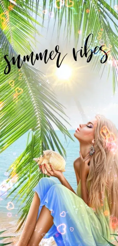 Tropical summer vibes wallpaper with palm leaves, ocean, and sunlight.