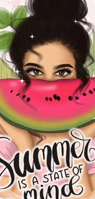 Illustration of a girl with watermelon and summer quote.