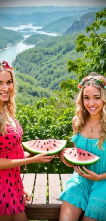 Two women with watermelons in a lush green landscape, embodying summer vibes.