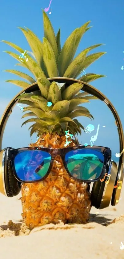 Pineapple with sunglasses and headphones on a sunny beach.