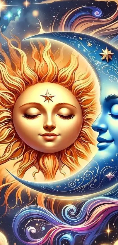 Artistic depiction of sun and moon with cosmic elements.