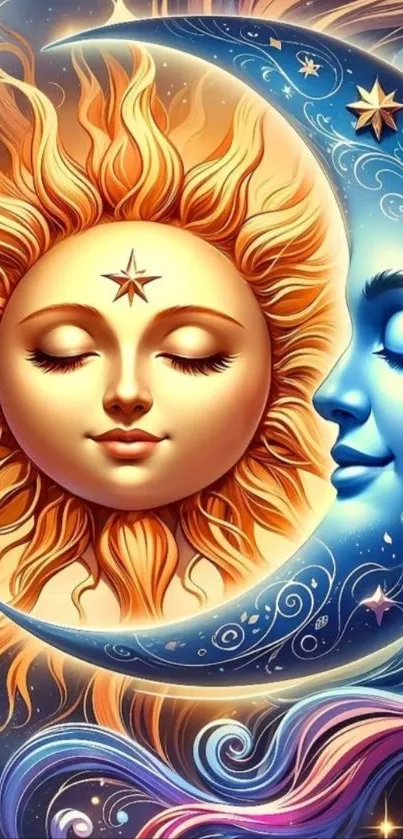 Celestial sun and moon artistic mobile wallpaper with vibrant colors.