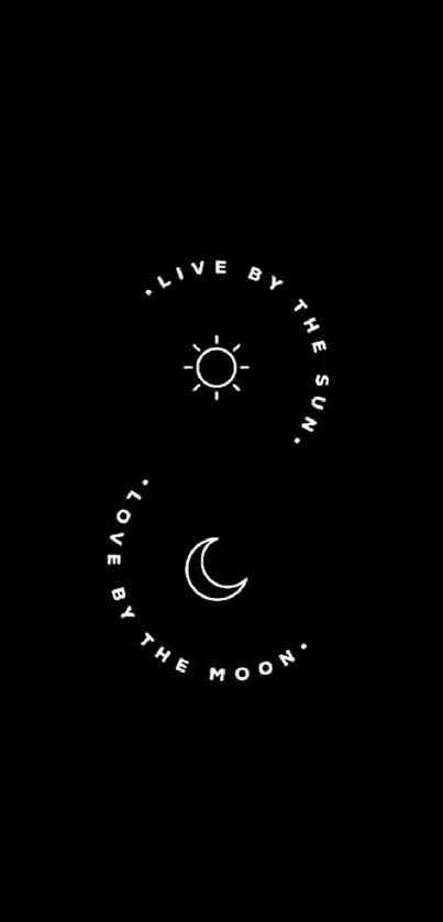 Minimalist yin-yang wallpaper with sun and moon quotes on black background.