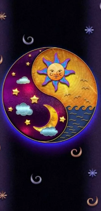 Yin Yang mobile wallpaper featuring sun and moon in vibrant colors.