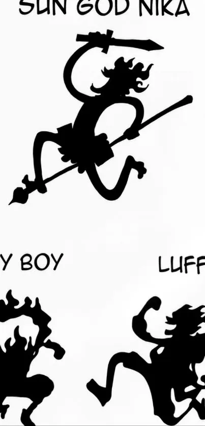 Silhouette art of Sun God Nika, Joy Boy, and Luffy.