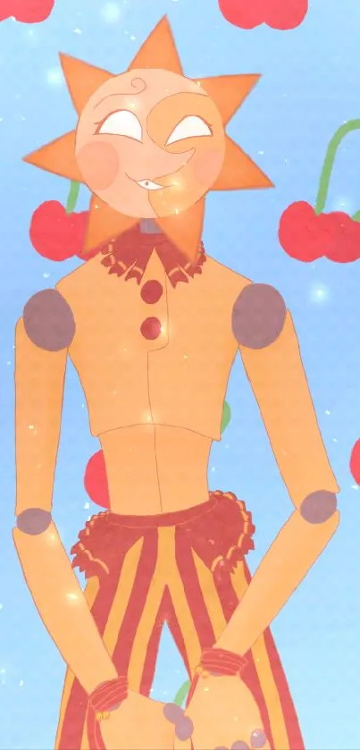 Whimsical sun character with cherries wallpaper.