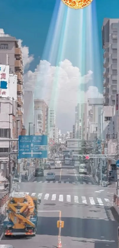 City street with a sunbeam shining down, enhancing urban scenery.