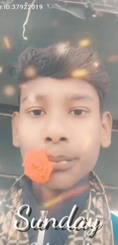 Youth holding a red rose with glowing effects on Sunday.