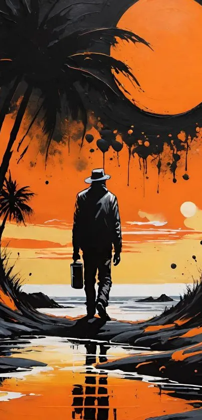 Artistic silhouette under vibrant orange sunset with palm trees.