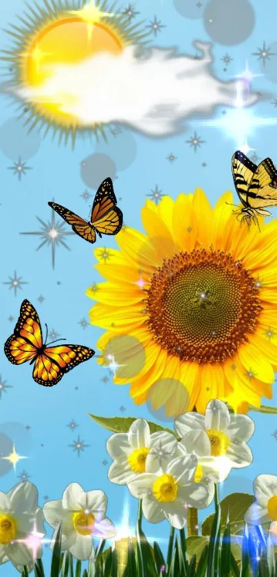 Sunflower with butterflies in a sparkling sky, perfect for mobile wallpaper.