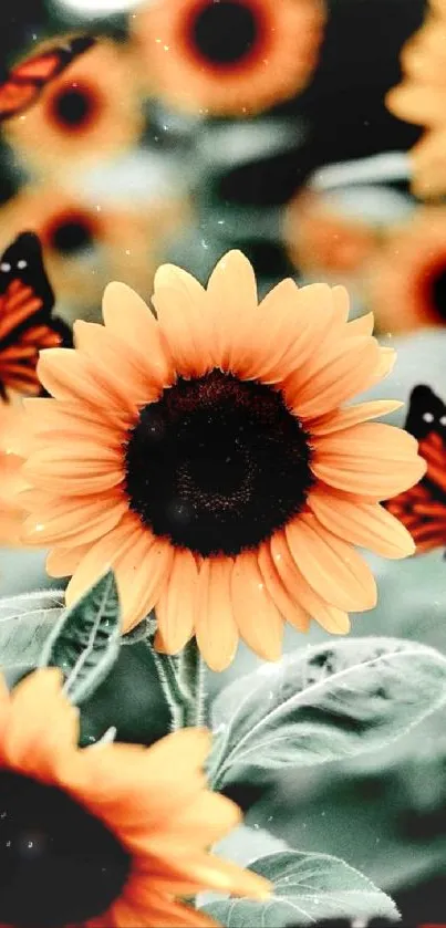 Bright orange sunflowers with butterflies on a vibrant phone wallpaper.