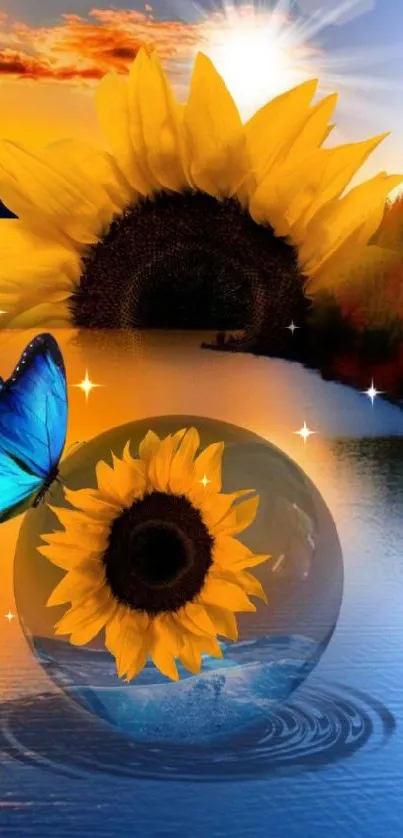 Sunflower and butterfly over a serene sunset reflection.