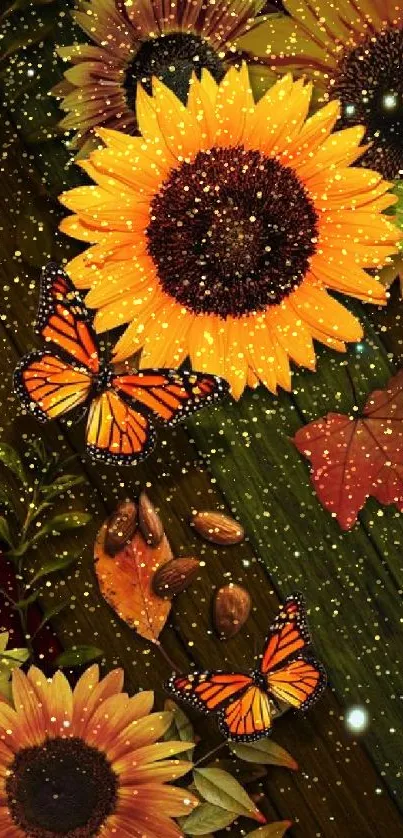 Sunflower and butterfly mobile wallpaper with autumn elements.