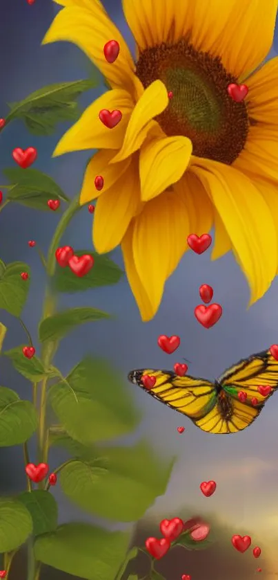 Vibrant sunflower with butterfly and red hearts.