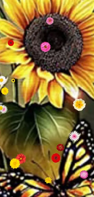 Yellow sunflower and butterfly wallpaper for mobile.