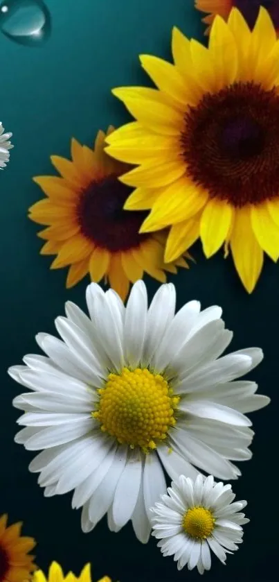 Mobile wallpaper of sunflowers and daisies with teal background.