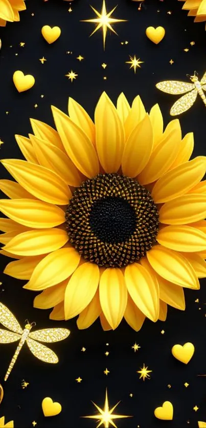 Sunflower and dragonfly wallpaper with glowing stars.