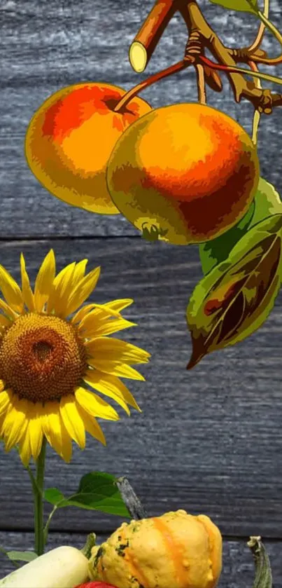 Artistic sunflower and fruit on wooden background wallpaper.
