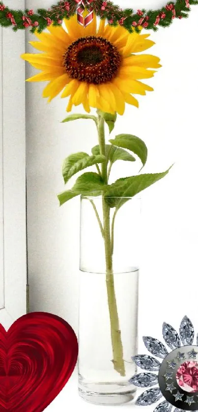 Sunflower in glass vase, with heart and gem decorations on wallpaper.