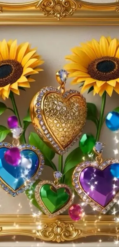 Sunflowers with gem hearts in gold frame wallpaper.