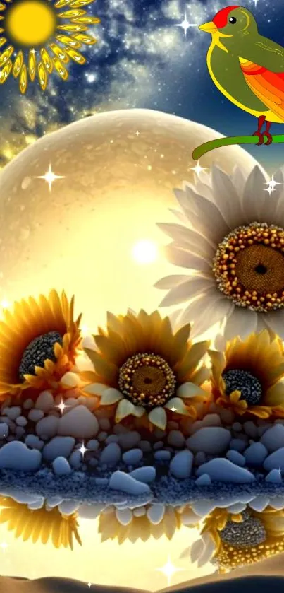 Vibrant sunflowers under a glowing moon with cosmic stars and colorful bird.