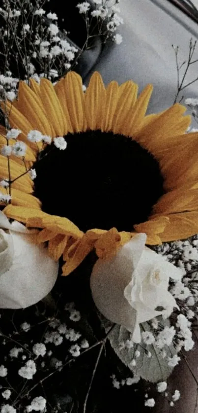 Sunflower and white roses with delicate background.