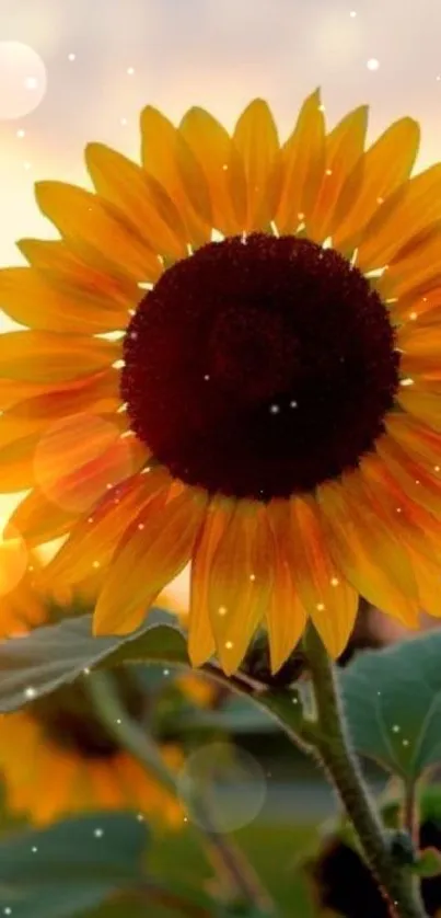 Vibrant sunflower against a warm sunset, perfect for nature-themed wallpaper.