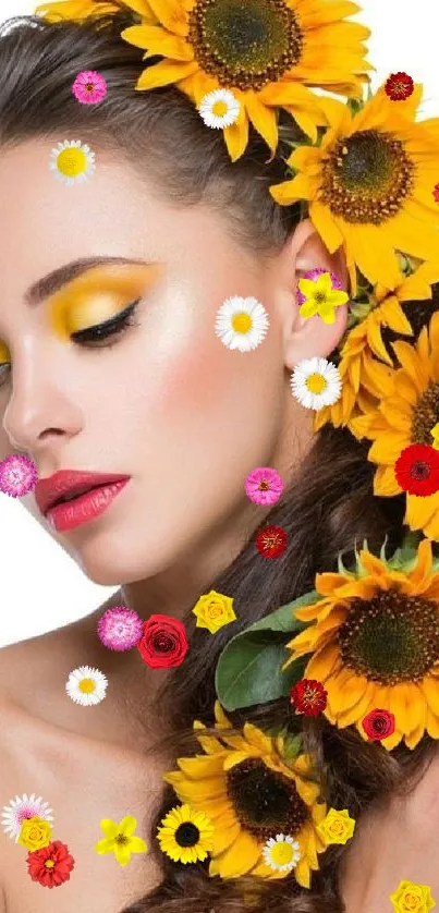 Woman with sunflowers adorning hair, vibrant wallpaper