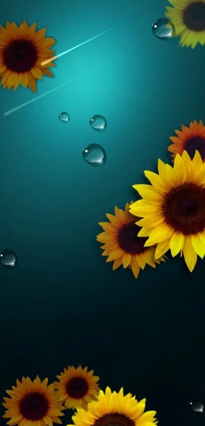 Sunflower mobile wallpaper with teal background and droplets.