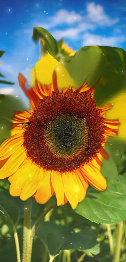 Bright sunflower field with vivid petals and green leaves under a clear blue sky.