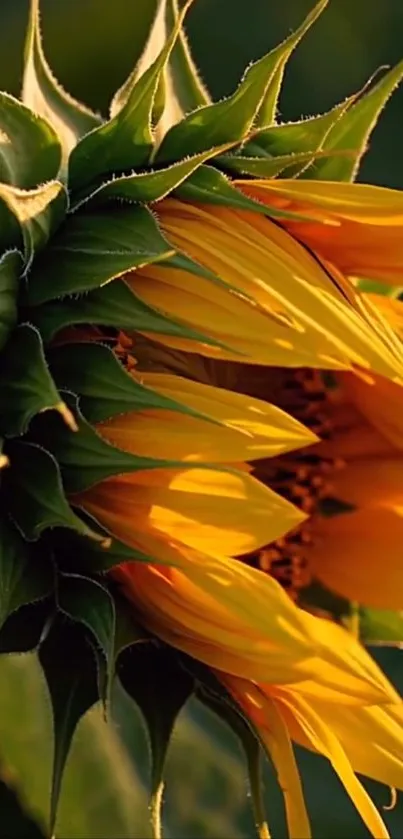 Close-up of a blooming sunflower with vibrant yellow petals against green leaves.