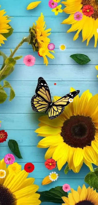 Sunflowers and butterfly on blue wooden background.