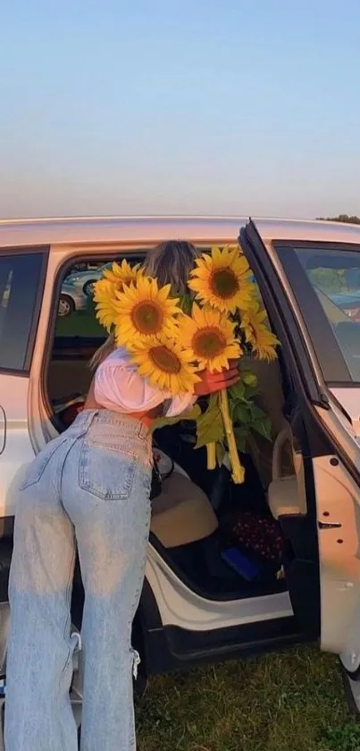 Sunflower-filled car under an evening sky.