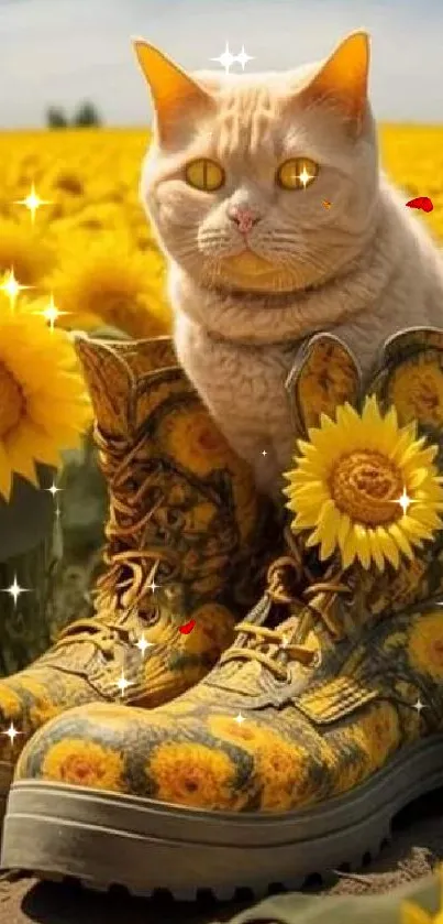 Cat in sunflower-patterned boots in a sunflower field.