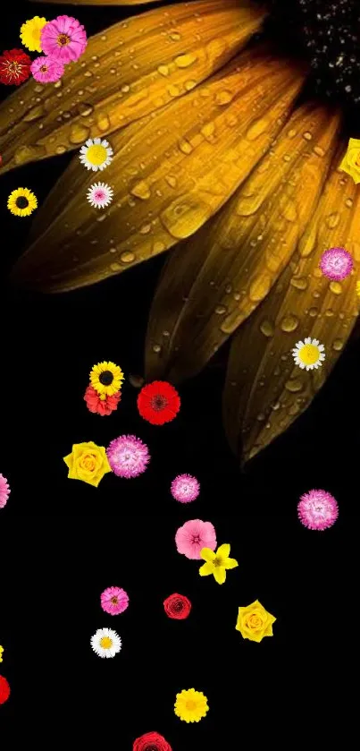 Close-up of a yellow sunflower with dew drops on a dark background.