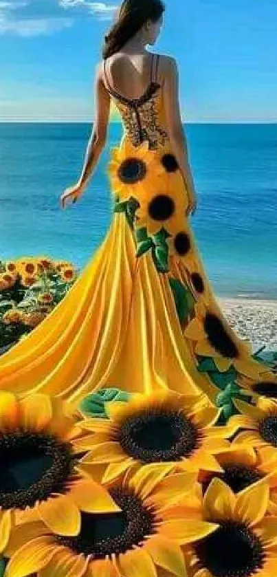 Woman in sunflower dress on a beach with ocean in background.