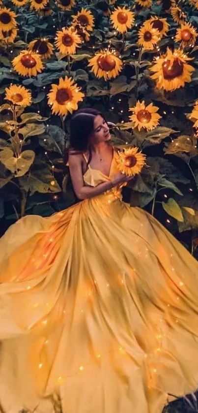 Woman in yellow dress surrounded by sunflowers.