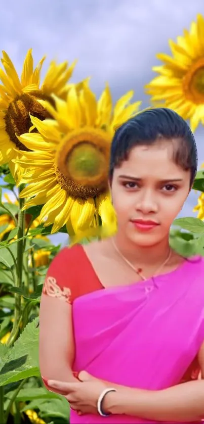 Woman in pink sari amidst sunflowers.