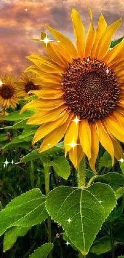 Beautiful sunflower field with a sunset backdrop.